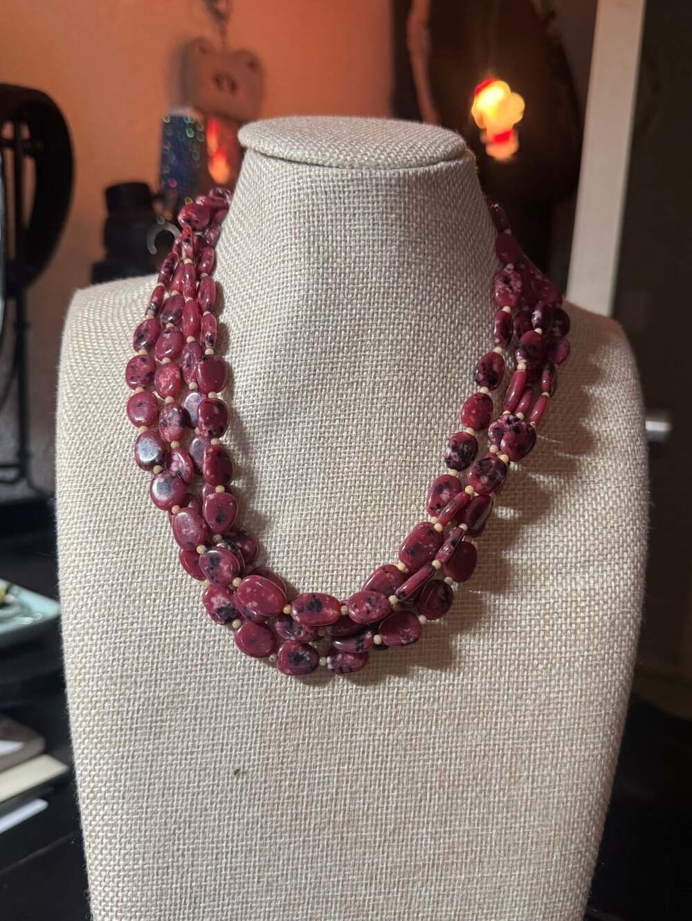 Vintage Multi-Strand Burgundy Speckled Stone Bead Necklace
